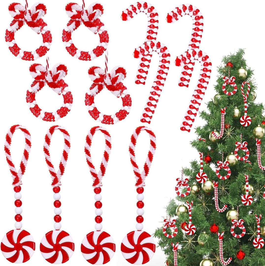 Christmas Crafts for Adults Kids,24 Sets Red and White Christmas Ornaments Kit,Beaded Peppermint Ornaments Candy Cane Decoration
