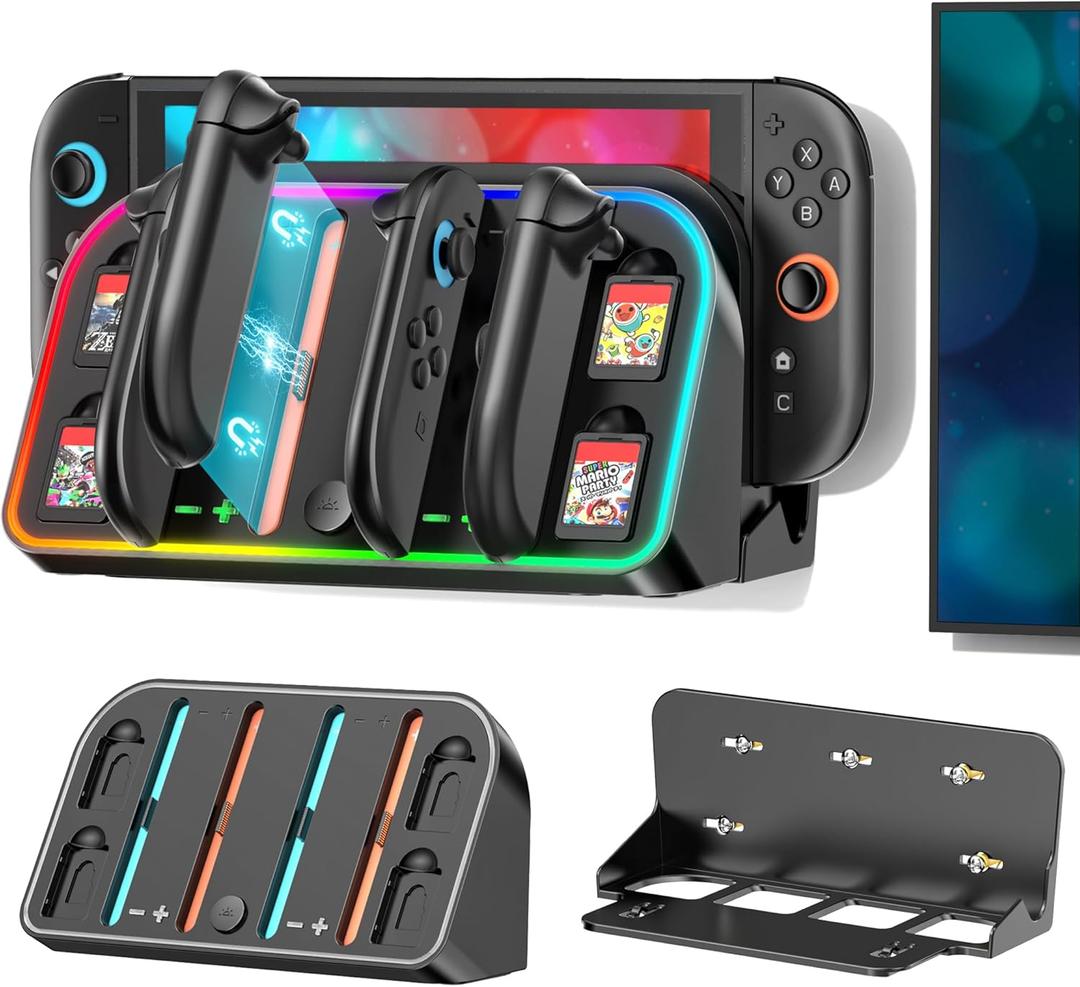 Switch 2 Wall Mount Charging Dock for 2025 Joycon 2, Wall Mount Kit Shelf for Nintendo Switch 2 Accessories, RGB Charger Dock Station with 4 Game Storage Holder for Nintendo Game Console Holder Stand