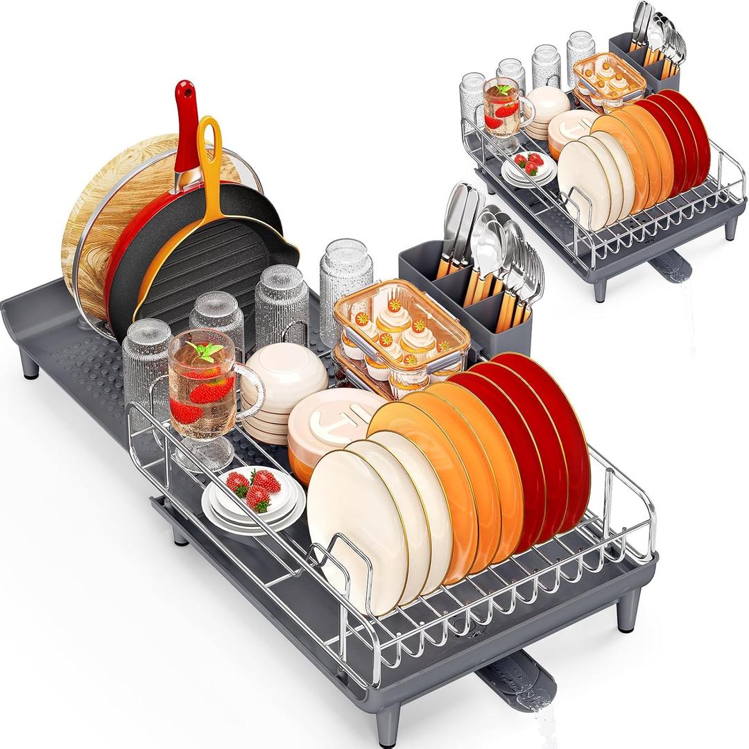 TOOLF Expandable Dish Rack, Dish Drying Rack for Kitchen Counter, Foldable Dish Dryer Rack, Stainless Steel Dish Drainer Racks with Cutlery Holder, Collapsible Dish Drying Racks Large Size,Gray