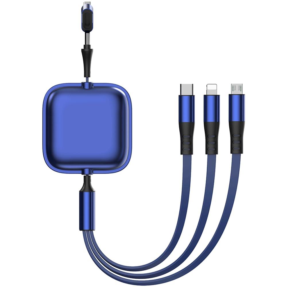 3 in 2 Retractable Fast Charging Cable, Multi USB Cable Charger Cord Compatible with iPhone, iPad, Samsung, Tablets, Switch and More, Blue