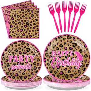 96Pcs Leopard Print Party Supplies Hot Pink Cheetah Print Plates and Napkins Tableware Sets Animal Jungle Safari Birthday Decorations for Safari Animal Leopard Theme Baby Shower Party Serves 24