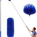 ZZ LAZYCOTTAGE Cobweb Duster with Extension Pole, Washable Cleaning Duster Kit with 2 Duster Heads, Cobweb Duster, Corner Brush, Aluminum Telescoping Pole for Ceiling Fan (Blue)