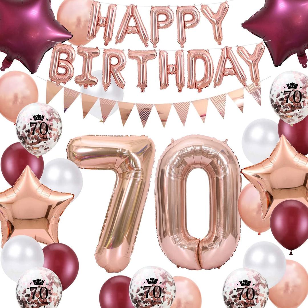 70th Birthday Decorations for Women, Rose Gold Jumbo Number 70th Birthday Balloons, Wine Red 70 Years Old Birthday Party Supplies Confetti Balloons Birthday Banner for Her Mum