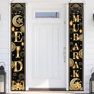 Avezano Eid Mubarak Banner Eid Decorations Black and Gold Muslim Ramadan Door Banner for Home Ramadan Decorations Indoor Outdoor