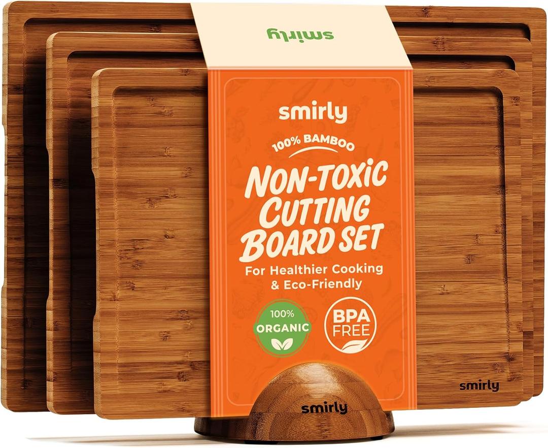 SMIRLY Wood Cutting Boards for Kitchen Wooden Chopping Board Set Reversible with Deep Juice Grooves Grip Handles, Large Charcuterie Tray, New Apartment Essentials, Carbonized Bamboo, 3Pcs with Holder