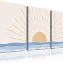 Boho Wall Art Set of 3, Neutral Geometric Sun Rising on the Sea Minimalist Art Framed Canvas Prints Artwork, Mid Century Modern Boho Sun Wall Art Decor for Bathroom, Bedroom, Living Room, Office