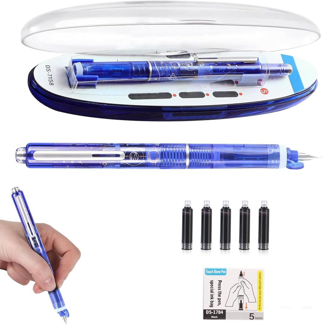 Protectivemethod Fountain Pen Retractable,0.38mm Blue&black Ink Transparent Barrel Includes 5 Refillable Ink Cartridges,Smooth Writing No Leaking Medium Nib Transparent Barrel