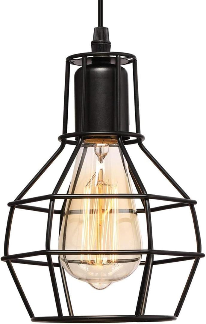Industrial Pendant Light, Black Metal Wire Cage Hanging Light Fixture for Kitchen Island Dining Room Hallway Bar, Farmhouse Pendant Lighting Industrial Pendant Light, Black Metal Wire Cage Hanging Light Fixture for Kitchen Island Dining Room Hallway Bar, Farmhouse Pendant Lighting