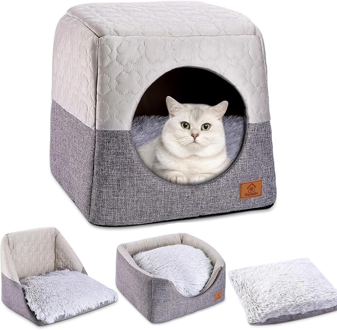 Ownpets Cat Bed for Indoor Cats, 3-in-1 Foldable Cat Cave Bed Cat Houses with Removable Washable Cushion Soft and Self Warming Cat Tent for Kittens and Small Pets