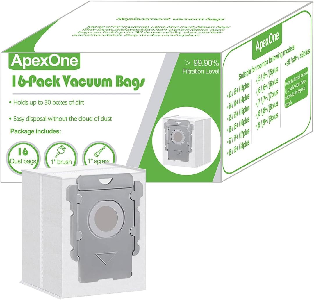 ApexOne 16 Packs Vacuum Bags for iRobot Roomba Clean Base i7, i7+, i8, i8+, i3, i3+, i4, i4+, i5, i5+ i6, i6+, j5, j5+, j6, j6+, j7, j7+, j8, j8+, s9, s9+, j9, j9+ Auto-empty Dirt Disposal Cleaners