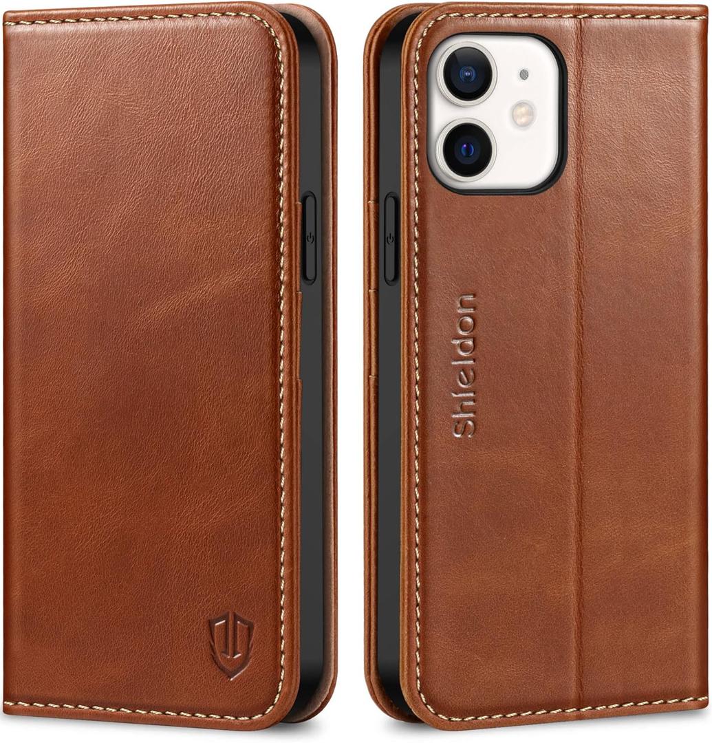 SHIELDON Wallet Case for iPhone 12 5G, Genuine Leather Folio Case Magnetic Shock Absorbing Cover RFID Blocking Credit Card Holder Kickstand Compatible with iPhone 12/12 Pro 6.1" - Retro Brown