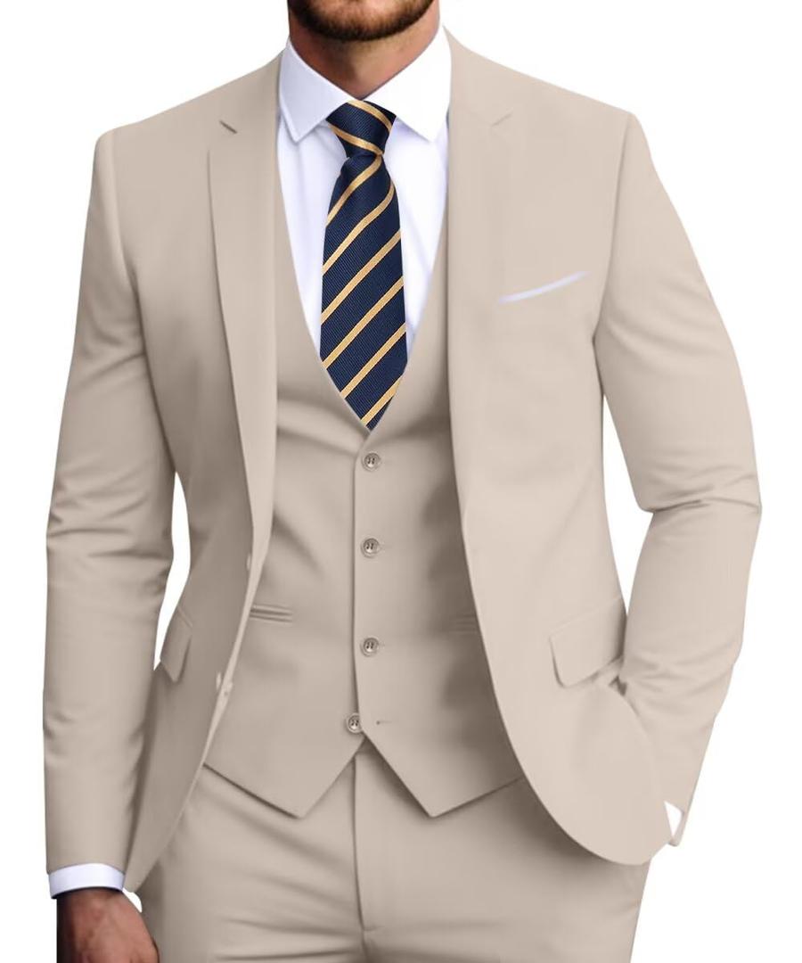 Men's Slim Fit 3-Piece Suit Set, Formal Wedding Tuxedo in Black, Light Champagne, Small