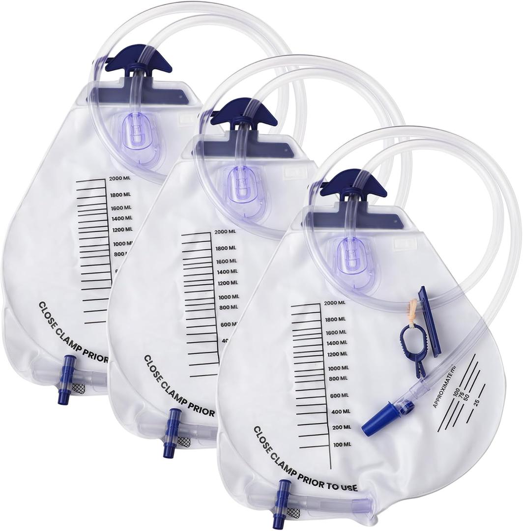 Urine Drainage Bags - 3 PCS 2000ml Individually Wrapped Catheter Bags with 43" Drainage Tube, Anti-Reflux Chamber, Splash-Proof Drain, Clips and Hooks, Professional Urine Bags for Home and Hospitals