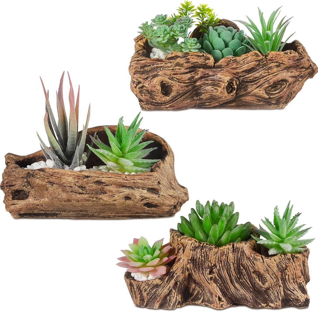 3 Pcs Driftwood Stump Log Concrete Planter Driftwood Planter Succulent Pot Plant Pot for Succulents for Outdoor Indoor Home Patio Garden Decoration (Retro)