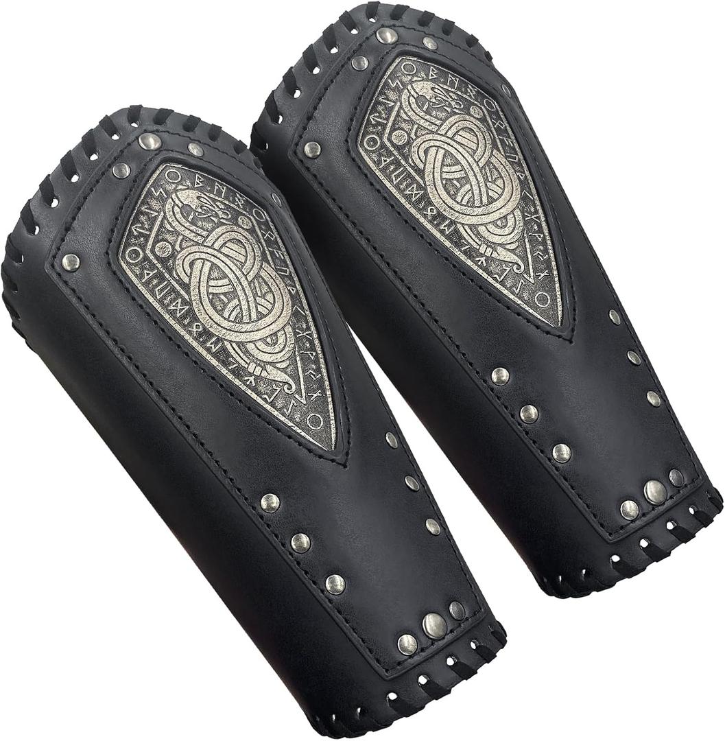 HiiFeuer Viking Embossed Dragon Faux Leather Arm Guards, Medieval Vintage Mercenary Arm Bracers, Retro Knight Gauntlets (Black A)