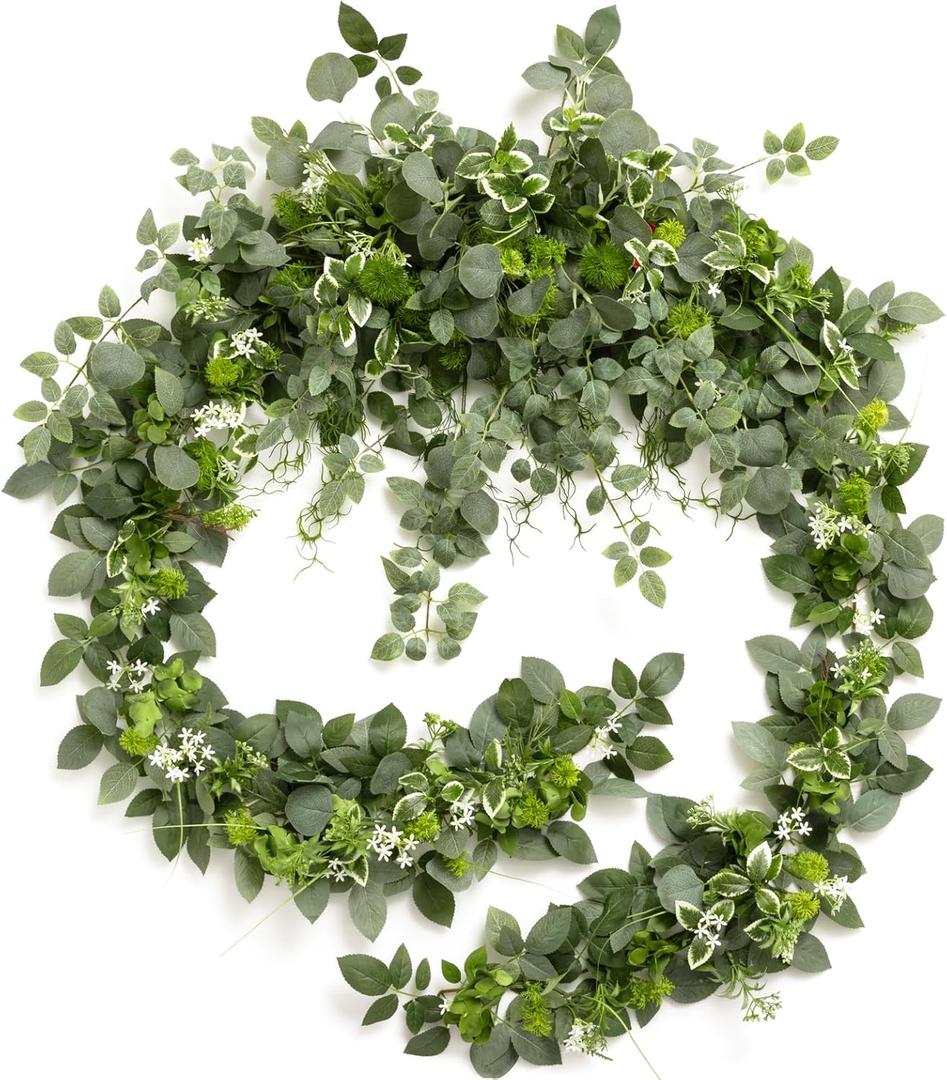 Ling's Moment 9FT Flower Garland for Backdrop Decorations - Wedding Arch Flowers, Eucalyptus & Rose, Artificial Floral Garland for Mantle - Sweetheart Table Decor for Beach Reception, Green