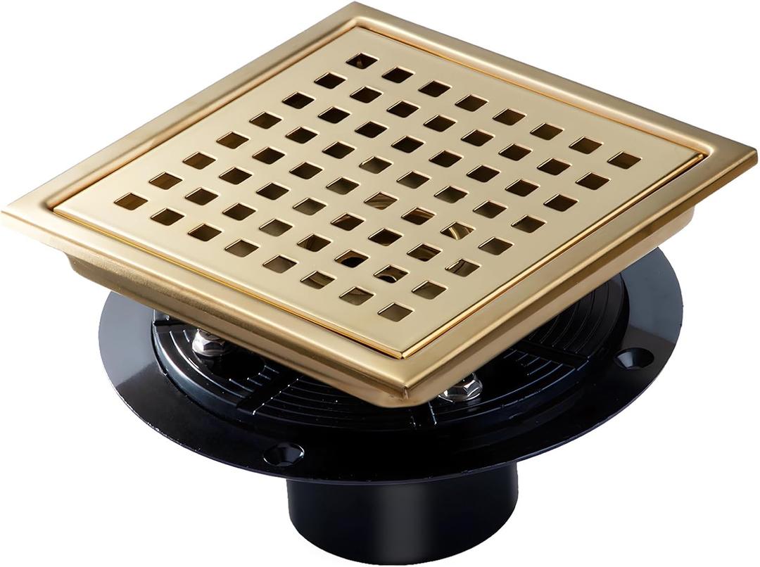 SaniteModar Shower Drain, 6 inch Shower Floor Square Drain with Flange, Removeable Grid Panel SUS 304 Stainless Steel Square Shower Drain, Brushed Gold