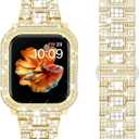 Mosonio Compatible with Bling Apple Watch Band Women 40/44/41/45/42/46mm with Shiny Metal Case, Full Sparking Luxury Diamond Bands and Cover Set, Charming Wedding Strap for iWatch SE Series 11/10/9/8/7/6/5/4 (Gold)