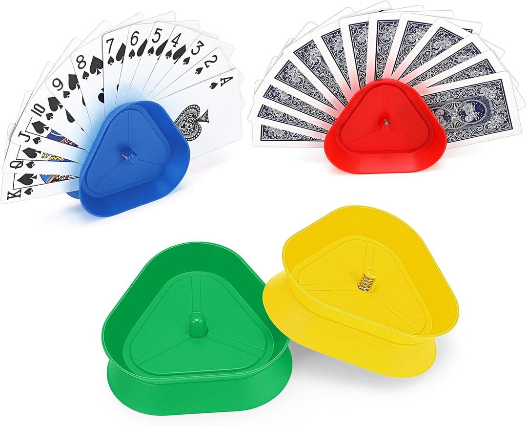 Syhood 4 Pcs Kids Playing Card Holders Plastic Playing Poker Tray for Adults Free Poker Holder Tray Happy New Year Family Card Activity Game Holds 10-12 Pcs Each(Colorful)