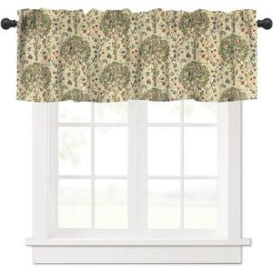 William Morris Vintage Flower Valance Curtain, Beautiful Vintage Boho Floral Tree Plant Birds Pattern Window Treatment Valances for Kitchen Living Room Café Décor 54'x18', 1 Panel