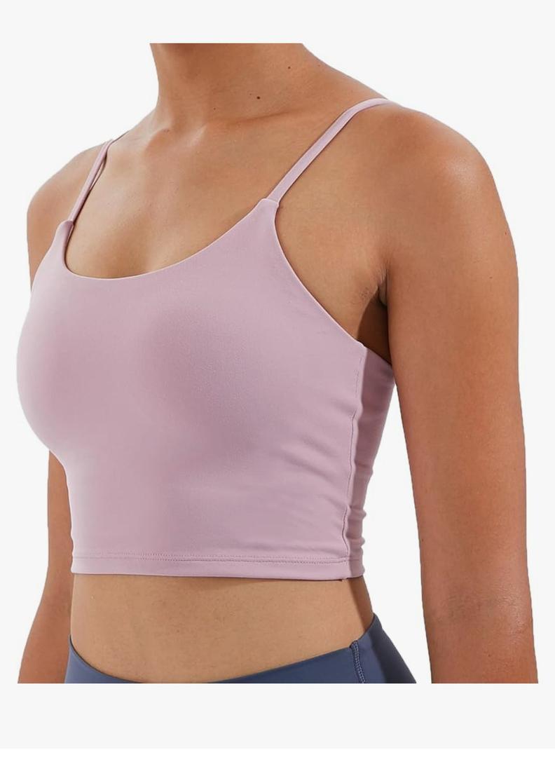 Women's Strappy Stretch Sports Bra Longline Yoga Tank Top Fitness Bra Workout Camisole Crop Tops for Teen Girl, M, Quicksand Powder