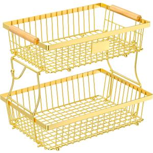 2 Tier Fruit Basket for Kitchen Counter with 2 Banana Hangers, Countertop Metal Fruit Bowl with Wooden Handle, Large Storage Stand for Vegetables, Snacks, Breads, Produce Storage rose gold