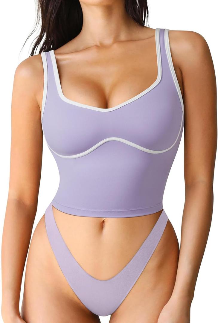 SUUKSESS Women Sweetheart Neckline Longline Sports Bra Padded Basic Workout Crop Tank Top (Large, Purple)
