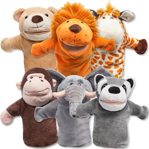 JOYIN 3Pcs Kids Hand Puppet Set with Working Mouth, Toddler Plush Toy Includes Elephant, Giraffe, Lion, Bear, Raccoon and Monkey for Show Theater, Easter Birthday Gifts for Kid