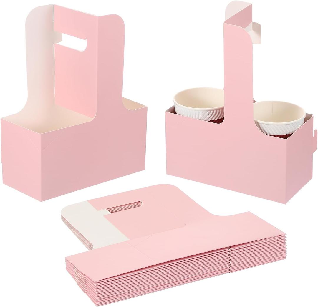 PATIKIL 2 Cup Drink Carrier with Handle,20 Pack Kraft Paperboard to Go Coffee Cup Holder, Portable Disposable Handled Drink Carriers for Take Out Restaurant Food Service, Multicolor (Pink/White)