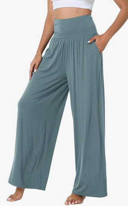 WiWi Women's Pajama Pants Bamboo Viscose Super Soft Wide Leg Palazzo Lounge Yoga Cooling Sleep Bottoms with Pockets, Dusty Blue, L