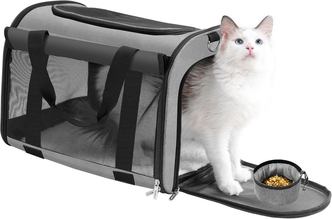 TWDEPART Cat Carrier Backpack - Durable, Ventilated & Foldable with Roll-Up Shade, Includes Free Collapsible Bowl & Cushion for Stress-Free Travel (Grey)