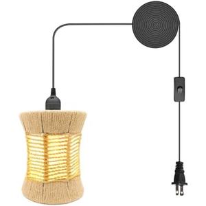 Zarnicy Hanging Lamp Plug in Pendant Light, 16Ft Hanging Lights with Plug in Cord Hand Woven Wicker Rattan Light Fixtures Ceiling with Small Boho Lamp Shade, On/ Off Switch (No Bulb)