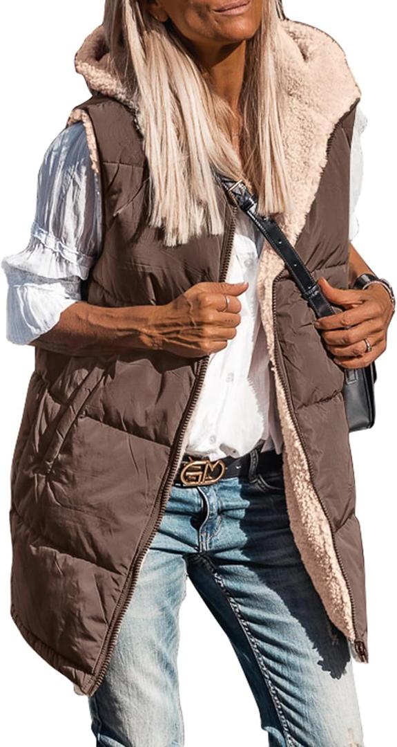PRETTYGARDEN Womens 2026 Fall Reversible Long Vests Sleeveless Fleece Jacket Zip Up Hoodie Pockets Warm Coat Winter Clothing (Brown, M)