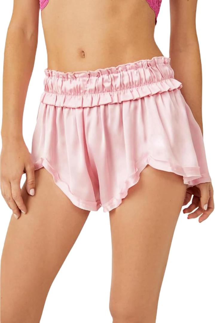 Mxiqqpltky Satin Pajama Shorts for Women Y2k Lounge Pj Shorts Smocked Elastic Waist Loose Fit Ruffle Pajama Bottoms Sleepwear (Small, Pink)