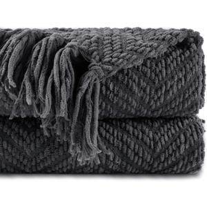 BATTILO HOME Dark Grey Throw Blanket for Couch, Knit Charcoal Throw Blanket Versatile for Chair, 50 x 60 Inch - Super Soft Warm Grey Blanket with Tassels for Bed, Sofa and Living Room