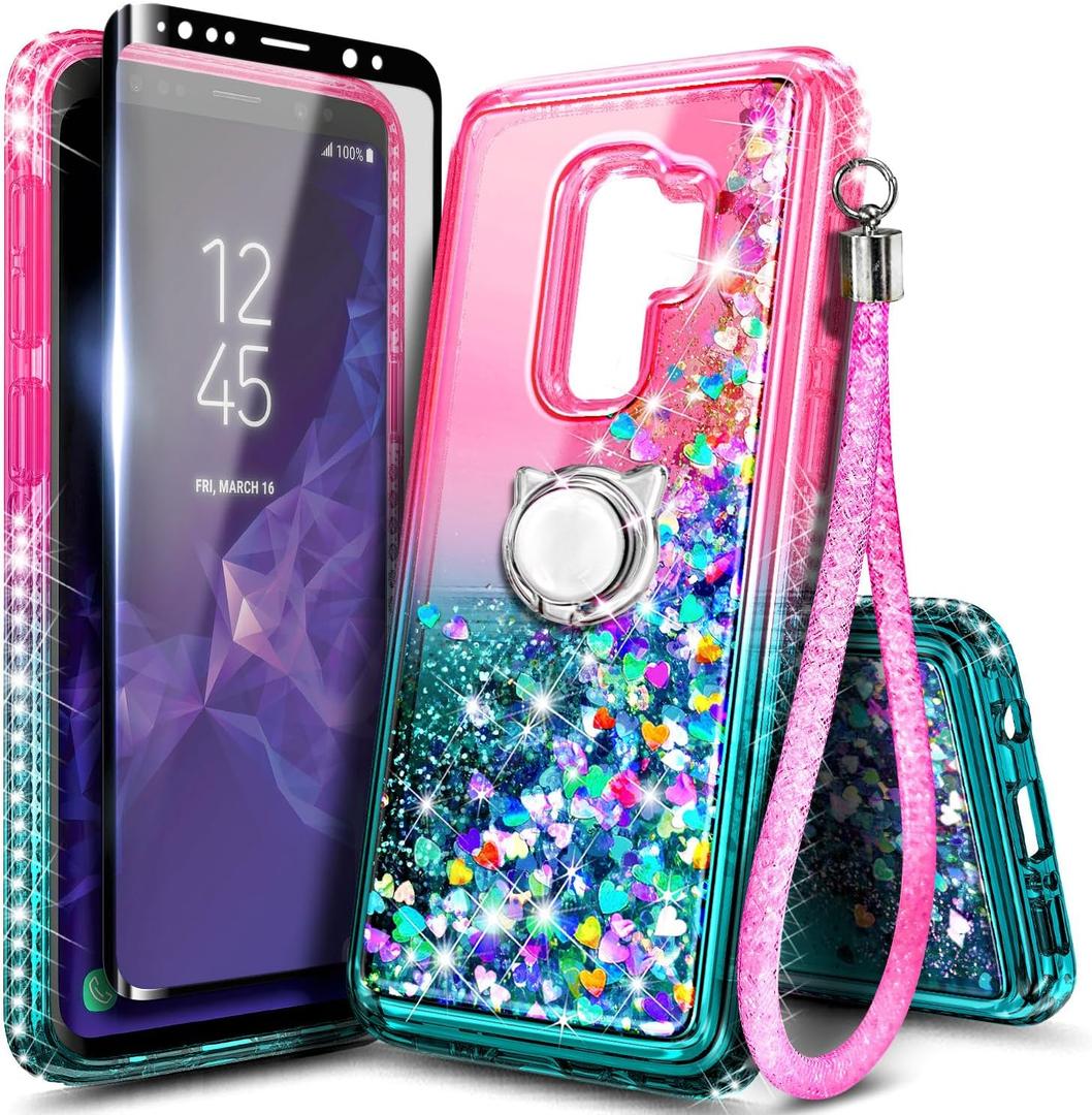 Compatible with Samsung Galaxy S9 Plus Phone Case Pink/Aqua | Sparkle Glitter Floating Liquid Cute Cover with Screen Protector (Maximum Coverage) & Ring Holder & Wrist Strap