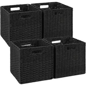 Woven Wicker Storage Baskets 4-Pack, 11x11 Handwoven Paper Rope Organizer Bins, Foldable Cube Storage Cubes with Built-in Handles for Shelves and Closet Organization(Classic Black)