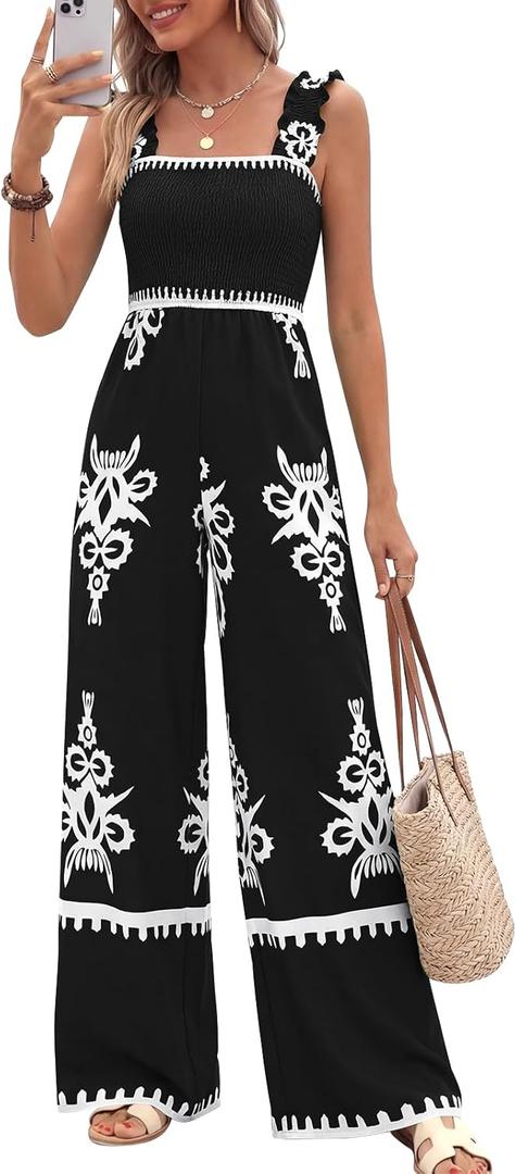PRETTYGARDEN Womens Jumpsuit Casual One Piece Boho Summer Outfits Shirred Strap Wide Leg Long Pants Rompers With Pockets (Black White Flower, Large)
