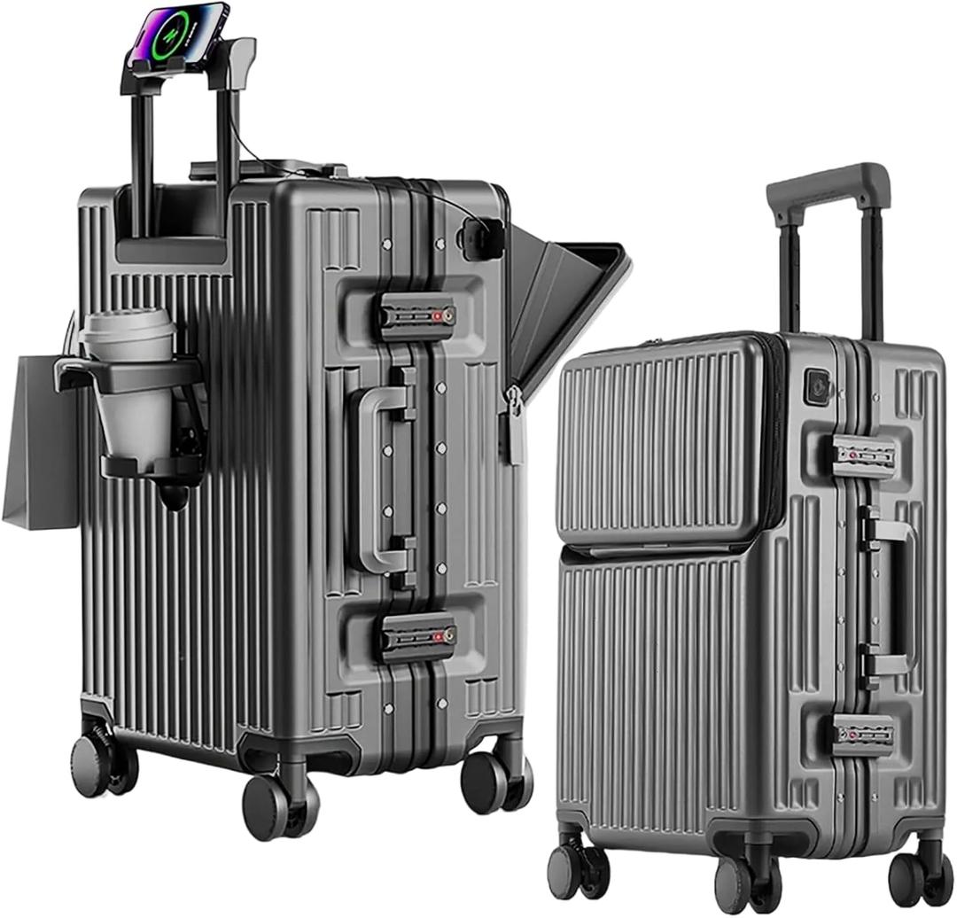 2-Piece Hardshell Zipperless Luggage Set, 20/26" Aluminum Frame Hardshell Spinner Luggage, Airline Approved Carry-On Luggage, TSA Lock, 360 Quiet Wheels With Cup Holder (grey)
