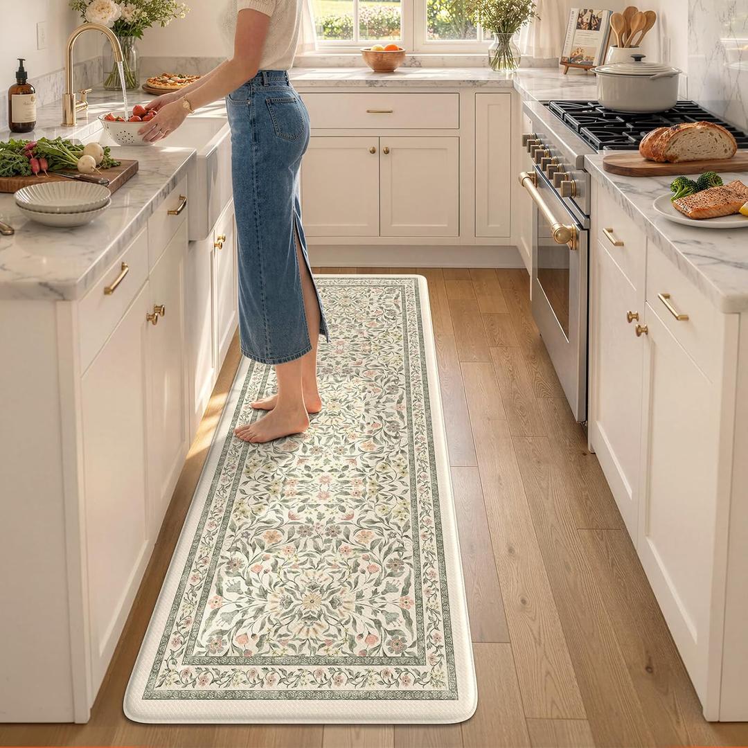 KIMODE Kitchen Mats Cushioned Anti Fatigue, Farmhouse Flower Kitchen Runner Rug, Modern Kitchen Mats for Floor, Padded Kitchen Floor Mats, Beige Home Decor for Sink Laundry Office Bedroom 24"x71", 2' x 5'11"