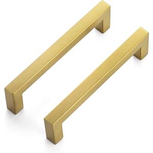 Ravinte 30 Pack 5 Inch Square Cabinet Handles, Brushed Brass Finish, Stainless Steel Kitchen Hardware Pulls with 5" (128mm) Hole Center for Cabinets, Gold (5 Inch Hole Center)