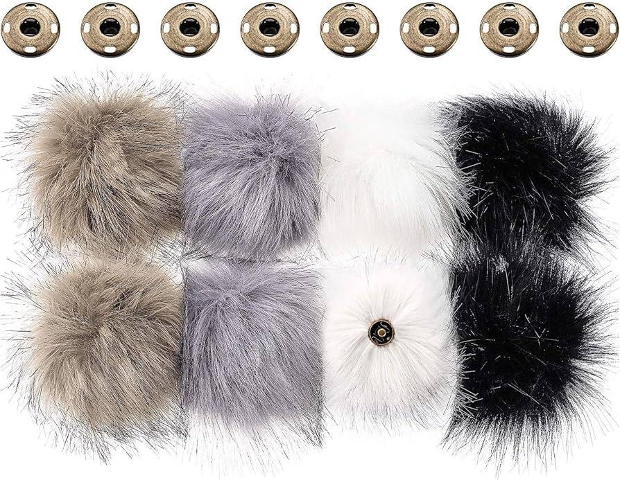 Boao 8 Pcs Faux Fur Pompoms for Hats with Removable Press Button Faux Fur Fluffy Pompom Balls Knit Hats Clothing Accessories for Bobble Hat Knitting Shoes Scarves Bag(1 Color)