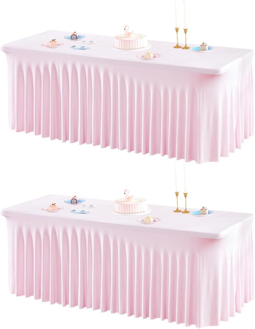 2 Packs Pink Table Clothes for 6 Foot Rectangle Tables, One-Piece Wrinkle Resistant Stretch Spandex Table Covers with Skirt for Event Banquet Wedding Birthday Party