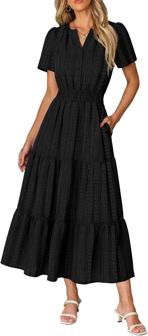 RUMIA Women Casual Midi Maxi Dresses Short Sleeve V Neck Elastic Waist Vacation Dress Pockets, XL