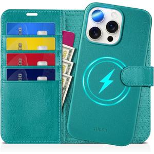 TUCCH Case Wallet for iPhone 16 Pro Max, Removable Kickstand Protective Wireless Charging Shell, Detachable PU Leather RFID Blocking 4 Card Slots Magnetic Cover Compatible with iPhone 16 Pro Max, Cyan (Full Textured Cyan)