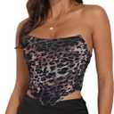 Women's Vintage Strapless Open Back Boned Mesh Bustier Zip Back Corset Bodyshaper Crop Top (6-8, Leopard) L