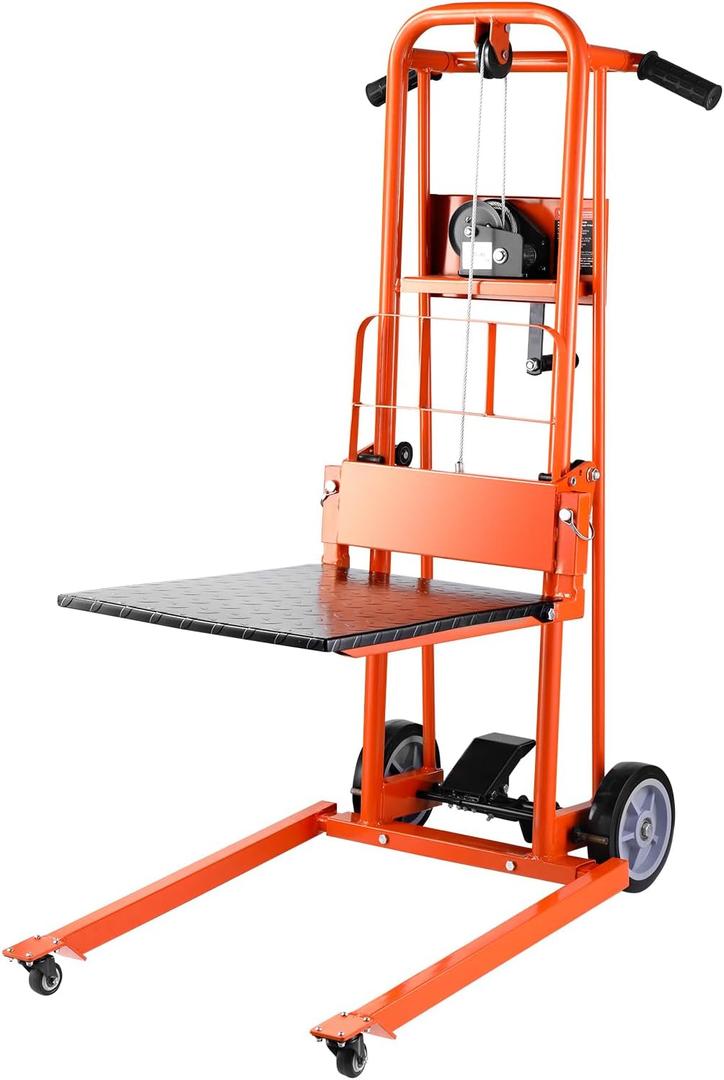 VEVOR Material Lift Winch Stacker, 330lbs Capacity Pallet Truck Dolly, 42.9in Max Lifting Height Manual Winch Stacker, Multifunctional Manual Pallet Truck Stacker with Swivel Casters and Lift Plate