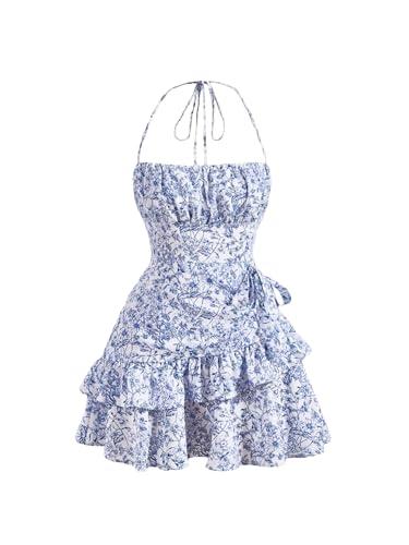Floerns Women's Floral Halter Ruffle Tiered Cute Summer Mini Dress Milkmaid Vacation Sundress Blue and White, Medium