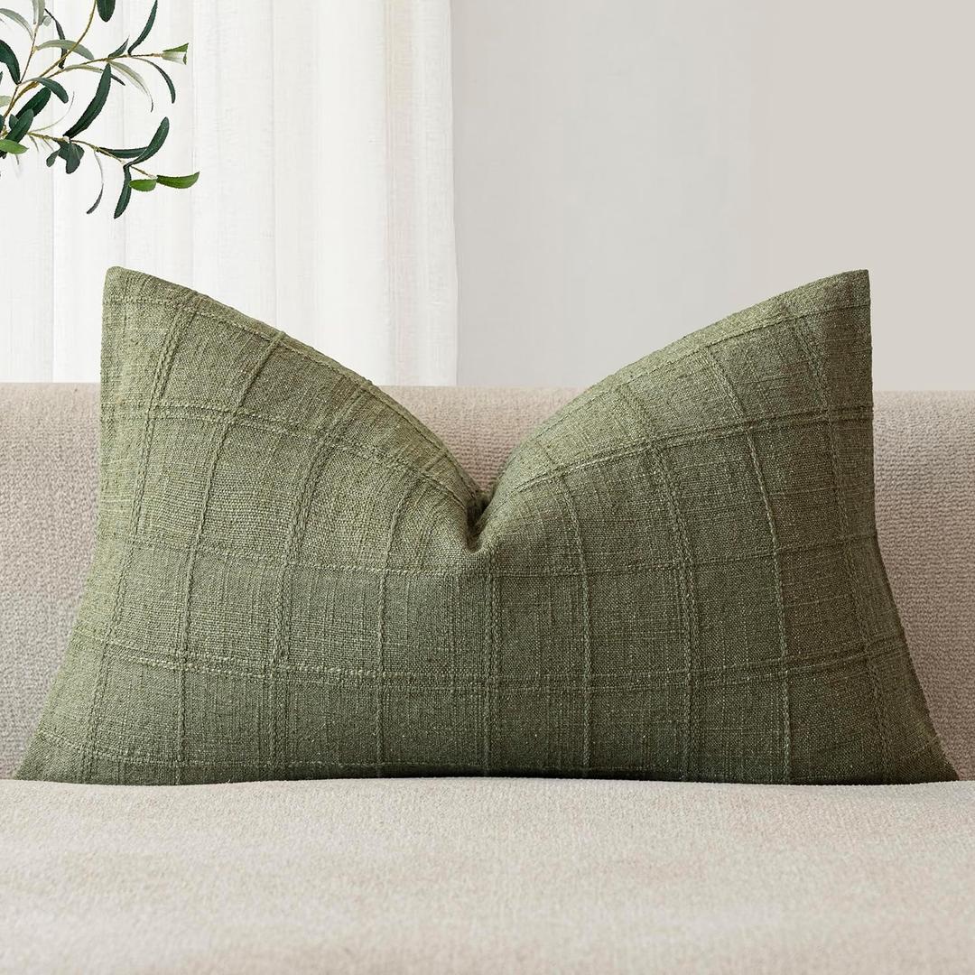 Foindtower Set of 1 Decorative Linen Check Throw Pillow Cover Neutral Farmhouse Lumbar Cushion Cover Modern Boho Home Decor for Sofa Chair Couch Bedroom Living Room Outdoor,1220 Inch,Sage Green