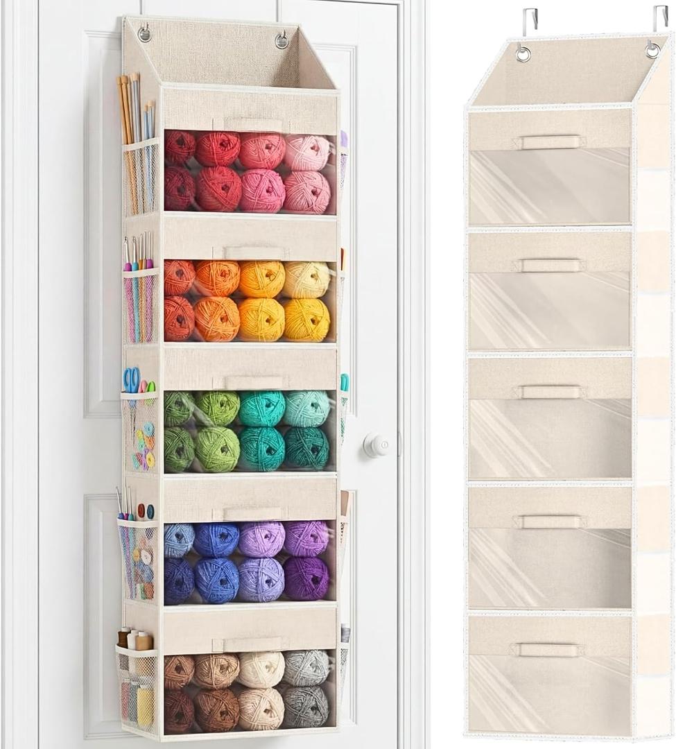 Ofiray-home Hanging Yarn Storage Organizer with 5 Drawers, Over the Door Large Capacity Knitting Organizer Storage&10 Mesh Side Pockets, Hanging Yarn Holder for Knitting Needles, Crochet Hooks- Beige